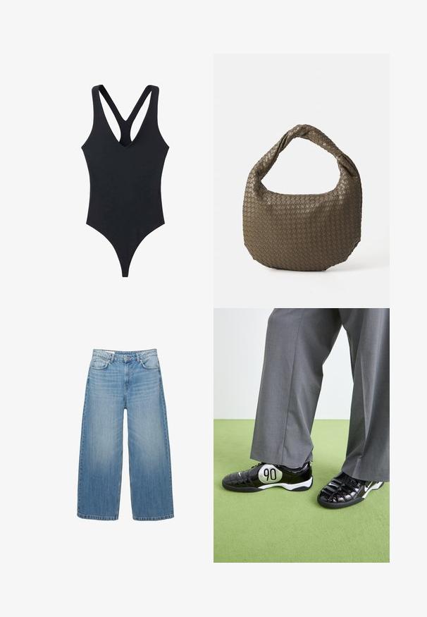 Temno siva jakna skrajšane dolžine, izdelana iz teksturirane tkanine. Ima visok ovratnik, dolge rokave in dve sprednji žepki z minimalnimi podrobnostmi gumbov.; Črn enodelni kopalniški kostim z globokim V-izrezom in prečnimi naramnicami. Narejen iz gladkega materiala z eleganco in oprijetim krojem.; Svetlo modra srajca z dolgimi rokavi, s ovratnikom na gumb in enim žepom na prsih, ter sproščenim krojem. Gladka tekstura materiala in klasičen dizajn.; Svijetloplave široke traperice napravljene odDenima, s klasičnim dizajnom pet džepova i zatvaranjem na gumbe. Ispucala tekstura kroz cijelu površinu.; Črne patenten usnjeni športni copati z srebrnim detajlom "90", s teksturirano površino in vezalkami, v kombinaciji z sivimi širokimi hlačami.; Tkanina olivno zelena torba z okroglo obliko in zvitim ročajem. Tekstura površine vsebuje diagonalni vzorec. Zadrga za zapiranje.