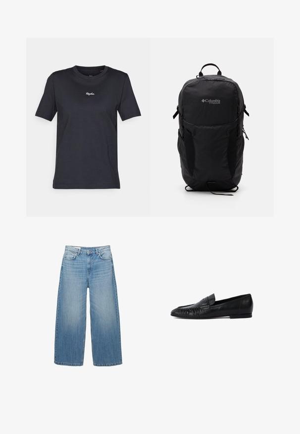 Jachetă scurtă de culoare gri închis, realizată dintr-un material texturat. Are un guler înalt, mâneci lungi și două buzunare frontale cu detalii minime de buton.; Tricou negru cu manșete scurte, din bumbac, având guler rotund și un logo alb "Rapha." brodat pe piept. Textură fină.; Jeans largi de culoare albastru deschis, fabricate din denim, cu un design clasic cu cinci buzunare și închidere cu nasture. Textură decolorată pe tot materialul.; Mocasin din piele neagră cu vârf rotunjit, detalii cusute în față și talpă plată. Design minimalist cu un accent discret al logo-ului.; Rucsac Columbia Titanium negru, cu o textură de material neted, buzunare laterale, mânere superioare și curele ajustabile. Design minimalist cu o branding subtil.
