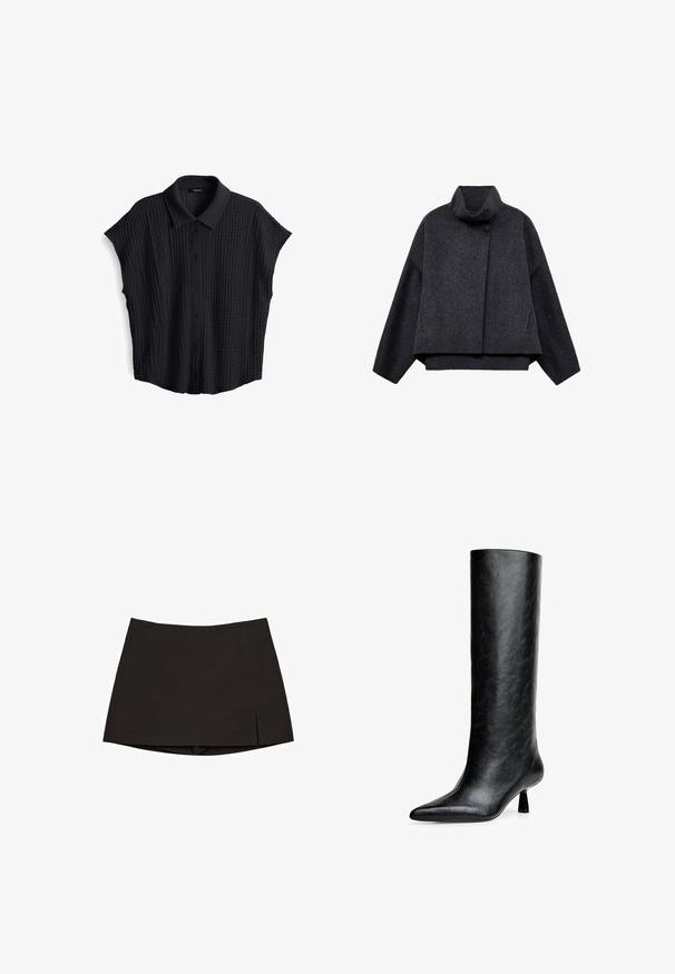 Dark gray cropped jacket made from textured fabric. Features a high collar, long sleeves, and two front pockets with minimal button details.; Black short-sleeve shirt with a textured fabric, button front, and collar. Features a relaxed fit and subtle ribbed pattern throughout.; Black mini skirt made from smooth fabric, featuring a straight design with side slits and a clean hem. Simple and versatile.; Black knee-high boot made from textured leather. Features a pointed toe and a small, flared heel. Sleek, smooth design with minimal accents.
