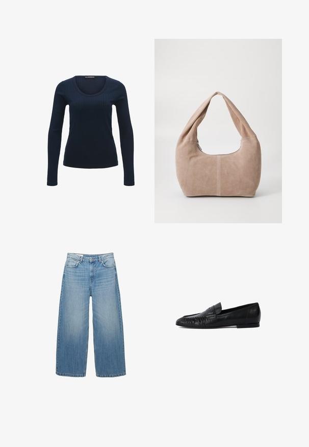 Donkergrijze cropped jas van textuurstof. Voorzien van een hoge kraag, lange mouwen en twee voorkwesten met minimale knoopdetails.; Langarm ribbel T-shirt in donkerblauw, met een ronde halslijn en een strakke pasvorm, gemaakt van zachte, rekbare stof.; Lichtblauwe wijde jeans van denim, met een klassieke vijf-pocketontwerp en een knoopsluiting. Verbleekte textuur overal.; Zwarte leren loafers met een ronde neus, gestikte details aan de voorkant en een platte zool. Minimalistisch ontwerp met een subtiele logo-accent. ; Hobo-tas gemaakt van zacht, suède materiaal in een lichtbeige kleur. Heeft een ronde vorm met een brede schouderband en een ritssluiting.