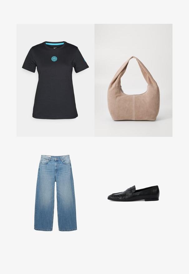 Temno siva jakna skrajšane dolžine, izdelana iz teksturirane tkanine. Ima visok ovratnik, dolge rokave in dve sprednji žepki z minimalnimi podrobnostmi gumbov.; Črna kratka majica s kratkimi rokavi, izdelana iz mehkega materiala, z okroglim izrezom in svetlo modrim vezenim logotipom na prsih.; Svijetloplave široke traperice napravljene odDenima, s klasičnim dizajnom pet džepova i zatvaranjem na gumbe. Ispucala tekstura kroz cijelu površinu.; Črni usnjeni loafers čevlji z zaobljenim nosom, šivani detajli spredaj in ravnim podplatom. Minimalistična zasnova z diskretnim logotipom.; Hobo torba iz mehkega, usnjeno podobnega materiala v svetlo bež barvi. Ima okroglo obliko, širok trak in zadrgo.