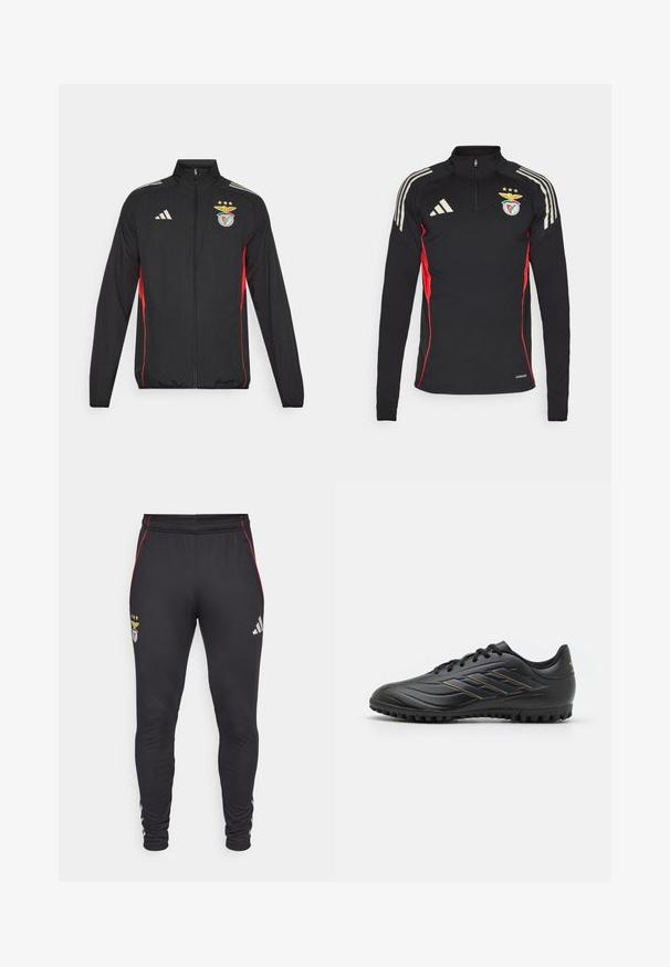 Giacca sportiva nera con accenti rossi, zip completa, collo alto, tre strisce bianche sulle spalle e stemma del Benfica con stelle.; Maglietta sportiva nera a maniche lunghe con accenti laterali rossi, colletto a mezza zip, tre strisce bianche sulle spalle e logo ricamato sul petto.; Pantaloni sportivi neri con strisce laterali rosse, caratterizzati da un logo e tre stelle sul davanti. Realizzati in un materiale morbido ed elastico.; Scarpe da calcio nere con una tomaia in sintetico liscio, dotate di una suola testurizzata, lacci piatti e tre strisce metalliche dorate sul lato.