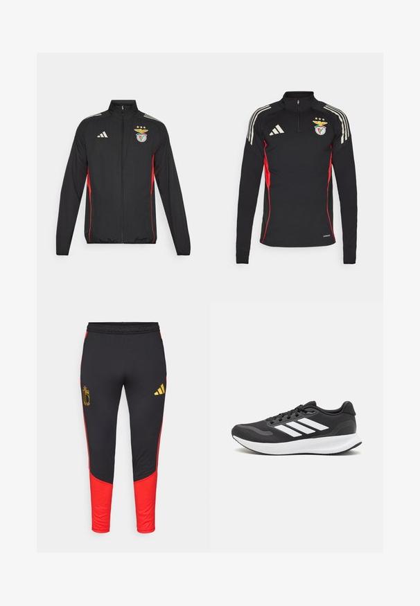 Zwarte sportjack met rode accenten, volledige rits, hoge kraag, drie witte strepen op de schouders, en het Benfica-embleem met sterren.; Zwart sportshirt met lange mouwen en rode zijaccenten, half-rits kraag, drie witte strepen op de schouders en geborduurd logo op de borst.; Zwarte sportieve broek met rode zijpanelen, voorzien van een gouden logo op de linker dij en een gele Adidas-logo op het rechterbeen.; Zwart sportief schoen met ademend mesh bovenwerk, witte accenten en een gevoerde zool. Beschikt over een logo met drie strepen aan de zijkant.