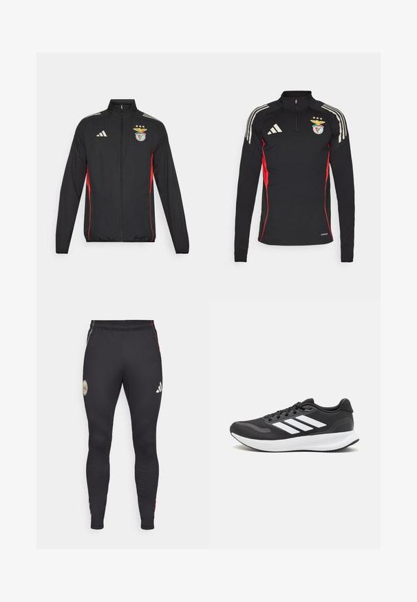 Sort atletisk jakke med røde accenter, fuld lynlås, høj krave, tre hvide striber på skuldrene og Benfica-crest med stjerner.; Sort langærmet sportstrøje med røde sideløsninger, halvlukket krave, tre hvide striber på skuldrene og broderet logo på brystet.; Sorte atletiske leggings med en tætsiddende pasform, prydet med et guldemblem, hvidt Adidas-logo og røde accentstriber langs siderne.; Sort atletik sko med åndbart mesh-overdel, hvide accenter og en polstret sål. Har tre-stripes logo på siden.