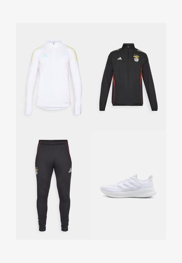 Zwarte sportjack met rode accenten, volledige rits, hoge kraag, drie witte strepen op de schouders, en het Benfica-embleem met sterren.; Witte lange mouwen sporttop met half-rits, gele schouderstrepen, mintgroene accenten en roze zijnahts. Bevat Aeroready-branding.; Zwarte sportbroek met rode zijstrepen, voorzien van een logo en drie sterren aan de voorkant. Gemaakt van een zachte, rekbare stof.; Witte sportschoenen met een gestructureerde mesh bovenkant, een ondersteunende gevoerde zool en een ontwerp met drie strepen aan de zijkant.