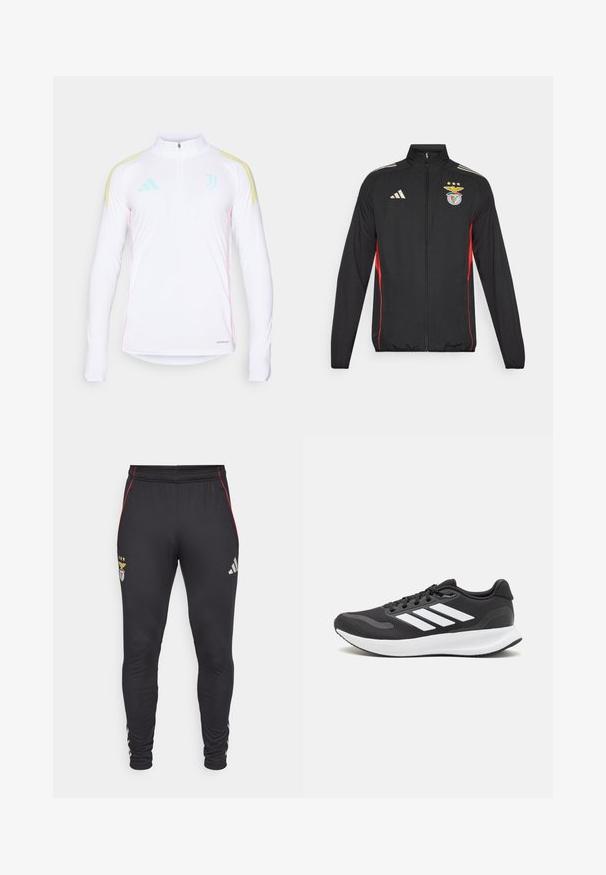 Giacca sportiva nera con accenti rossi, zip completa, collo alto, tre strisce bianche sulle spalle e stemma del Benfica con stelle.; Maglia atletica bianca a maniche lunghe con zip a metà, strisce gialle sulle spalle, dettagli verde menta e cuciture laterali rosa. Presenta il marchio Aeroready.; Pantaloni sportivi neri con strisce laterali rosse, caratterizzati da un logo e tre stelle sul davanti. Realizzati in un materiale morbido ed elastico.; Scarpa sportiva nera con tomaia in mesh traspirante, dettagli bianchi e suola ammortizzata. Presenta il logo con tre strisce sul lato.