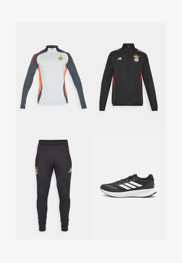 Čierna atletická bunda s červenými akcentmi, plný zips, vysoký golier, tri biele pruhy na pleciach a znak Benfica so hviezdami.; Dlhý rukáv športový top v bielej farbe, s tmavosivými rukávmi a oranžovými bočnými akcentmi. Obsahuje zips v oblasti krku a logo značky na hrudi.; Čierne športové nohavice s červenými bočnými pruhmi, s logom a tromi hviezdami na prednej strane. Vyrobené z mäkkého, elastického materiálu.; Čierna športová obuv s priedušným sieťovaným zvrškom, bielymi akcentmi a polstrovanou podrážkou. Na bočnej strane sa nachádza logo so tromi pruhmi.