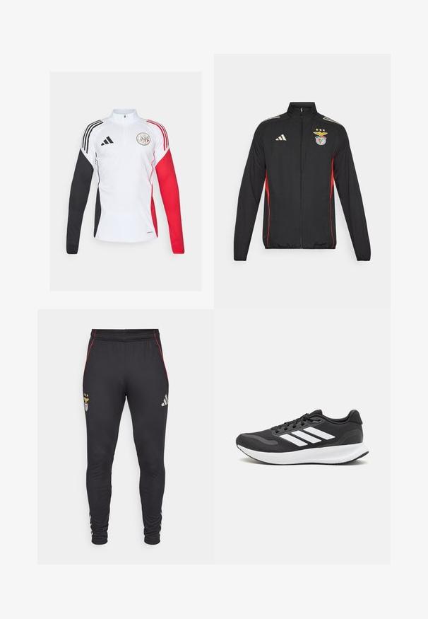 Czarna sportowa kurtka z czerwonymi akcentami, z pełnym zamkiem, wysokim kołnierzem, trzema białymi paskami na ramionach i herbem Benfiki z gwiazdkami.; Biały sportowy sweatshirt z czarnymi i czerwonymi akcentami, z kołnierzem na ćwierć zamka, długimi rękawami oraz okrągłym logo na klatce piersiowej.; Czarne spodnie sportowe z czerwonymi paskami po bokach, z logo i trzema gwiazdami z przodu. Wykonane z miękkiego, elastycznego materiału.; Czarne buty sportowe z oddychającą siateczką, białymi akcentami i wyściełaną podeszwą. Posiadają logo w postaci trzech pasków po boku.