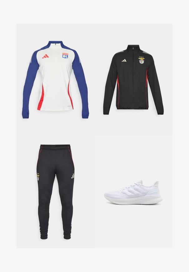 Svart treningsjakke med røde detaljer, hel glidelås, høy krage, tre hvite striper på skuldrene, og Benfica-logo med stjerner.; Langermet, hvit treningstrøye med mørkeblå ermer og røde detaljer. Har en glidelås i kragen og Olympique Lyonnais-logo på brystet.; Sorte treningsbukser med røde sidestreker, med en logo og tre stjerner på framsiden. Laget av et mykt, elastisk materiale.; Hvite sportsko med en teksturert mesh-overdel, støttende polstret såle og tre striper på siden.