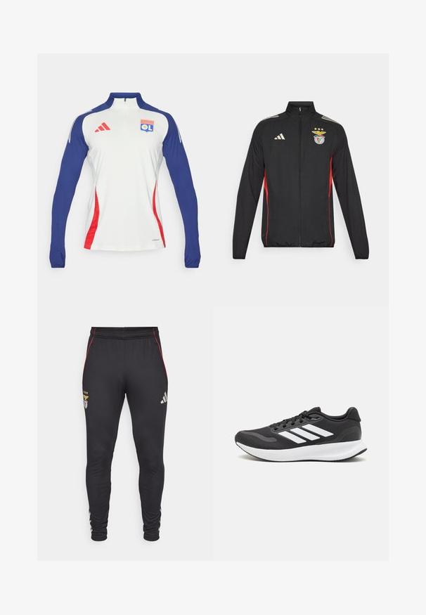 Zwarte sportjack met rode accenten, volledige rits, hoge kraag, drie witte strepen op de schouders, en het Benfica-embleem met sterren.; Langslippende, witte sportshirt met marineblauwe mouwen en rode accenten. Bevat een ritskraag en een Olympique Lyonnais-logo op de borst.; Zwarte sportbroek met rode zijstrepen, voorzien van een logo en drie sterren aan de voorkant. Gemaakt van een zachte, rekbare stof.; Zwart sportief schoen met ademend mesh bovenwerk, witte accenten en een gevoerde zool. Beschikt over een logo met drie strepen aan de zijkant.