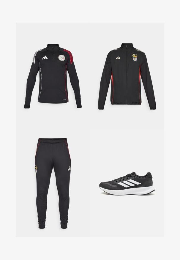 Schwarze Sportjacke mit roten Akzenten, Full-Zip, hoher Kragen, drei weiße Streifen auf den Schultern und Benfica-Wappen mit Sternen.; Schwarzes sportliches Zip-Oberteil mit langen Ärmeln, ausgestattet mit drei weißen Streifen auf einer Schulter, roten Akzenten und einem runden Logo auf der Brust.; Schwarze Sporthosen mit roten Seitestreifen, mit einem Logo und drei Sternen auf der Vorderseite. Hergestellt aus einem weichen, dehnbaren Material.; Schwarzer Sportschuh mit atmungsaktivem Mesh-Obermaterial, weißen Akzenten und einer gepolsterten Sohle. Mit drei Streifen-Logo an der Seite.