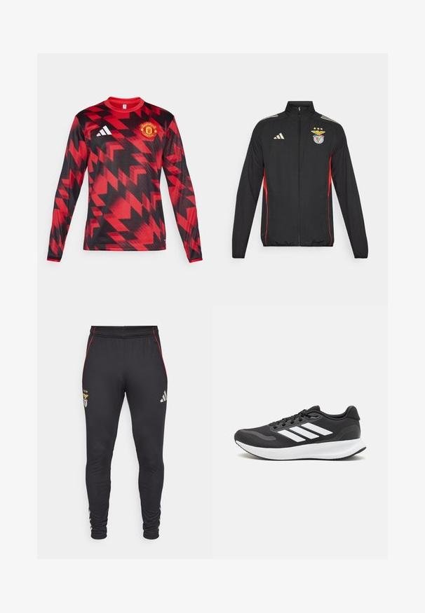 Chaqueta deportiva negra con acentos rojos, cremallera completa, alto cuello, tres rayas blancas en los hombros y el escudo del Benfica con estrellas.; Jersey de manga larga rojo con patrones geométricos negros, que presenta un logo bordado de Manchester United y tres franjas blancas en el hombro.; Pantalones deportivos negros con rayas rojas a los lados, que presentan un logo y tres estrellas en la parte frontal. Están hechos de un material suave y elástico.; Zapatilla deportiva negra con parte superior de malla transpirable, acentos en blanco y una suela acolchada. Presenta el logo de tres rayas en el costado.