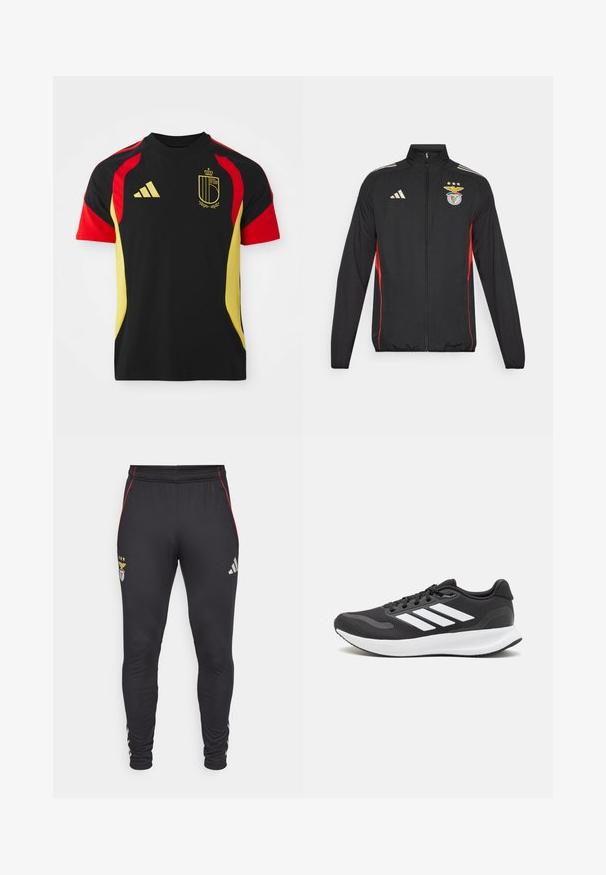 Black athletic jacket with red accents, full zip, high collar, three white stripes on shoulders, and Benfica crest with stars.; Black athletic t-shirt featuring red and yellow accents, with the Adidas logo on the front and a shield emblem representing Belgium.; Black athletic pants with red side stripes, featuring a logo and three stars on the front. Made from a soft, stretchy material.; Black athletic shoe with breathable mesh upper, white accents, and a cushioned sole. Features three stripes logo on the side.