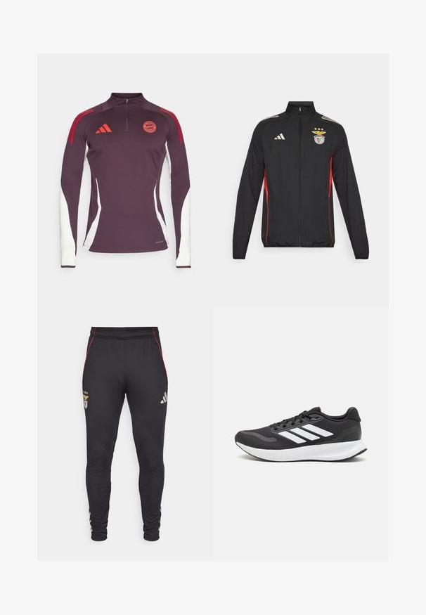 Crna atletska jakna s crvenim akcentima, puni patentni zatvarač, visoki ovratnik, tri bijele pruge na ramenima i grb Benfike sa zvjezdicama.; Dug učinkovit majica dugih rukava tamnoljubičaste boje s bijelim bočnim panelima, crvenim akcentnim prugama i ovratnikom na četvrtinu; sadrži Adidas logo i bedž Bayerna.; Crne atletske hlače s crvenim bočnim prugama, s logotipom i tri zvjezdice sprijeda. Izrađene su od mekog, rastezljivog materijala.; Crne atletske tenisice s prozračnom mrežicom na gornjem dijelu, bijelim akcentima i mekanim potplatom. Imaju logo s tri pruge sa strane.