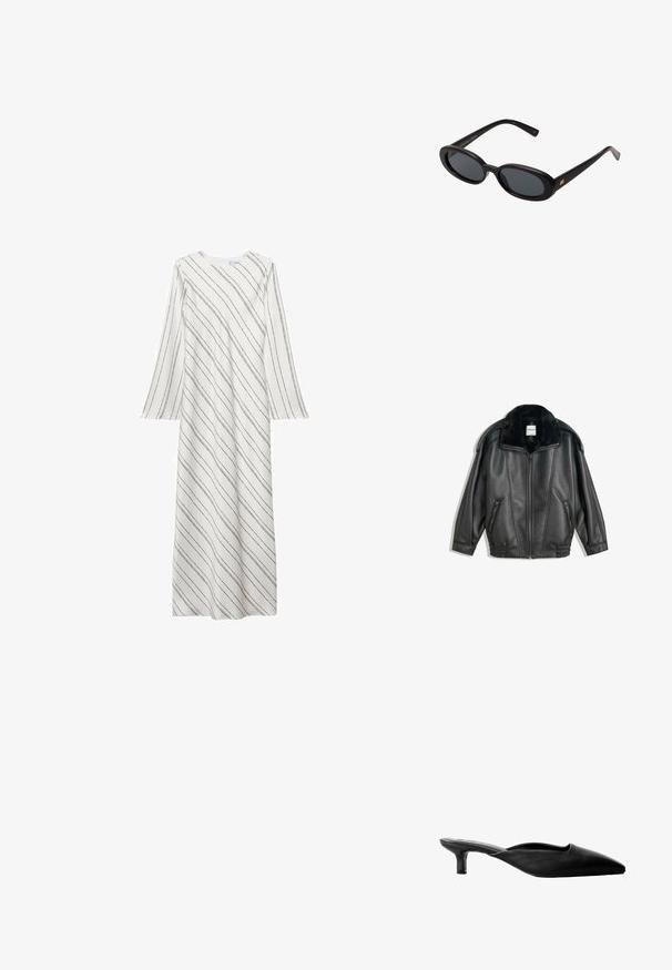 Svart läderjacka med fuskpälskrage, dragkedja fram, två sidofickor, ribbade mudd och avslappnad passform. Slät textur, minimalistisk detaljering.; Lång vit klänning med svarta diagonala ränder, rund halsringning och utsvängda ärmar. Tillverkad av ett mjukt, lätt tyg.; Svart läderklackade mules med spetsig tå, öppen baksida och en låg blockklack. Slät textur med minimalistisk design.; Svarta överdimensionerade solglasögon med ovala linser, slät plastbåge och guldaccent på bågarna. Mörka linser ger solskydd.; Svart läderhandväska med en slät yta, guldiga detaljer och en smal design. Har en tunn rem och ett spänne upptill.