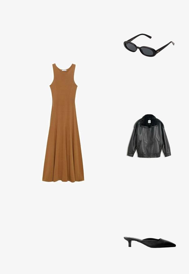 Jachetă din piele ecologică neagră cu guler din blană sintetică, fermoar frontal, două buzunare laterale, manșete striate și o croială lejeră. Textură netedă, detalii minime.; Rochie maxi fără mâneci, de culoare maro, confecționată dintr-un material moale, având un bust ajustat și fustă evazată. Design simplu, fără modele sau accente vizibile.; Mule-uri negre din piele cu toc, cu vârf ascuțit, spate deschis și toc mic bloc. Textură netedă, cu un design minimalist.; Ochelari de soare supradimensionați, cu lentile ovale, cadru din plastic neted și accente aurii pe brațe. Lentilele întunecate oferă protecție solară.; Geantă de mână din piele neagră, cu o textură netedă, accesorii din aur și un design subțire. Dispune de o curea subțire și un sistem de închidere cu claspă în partea de sus.