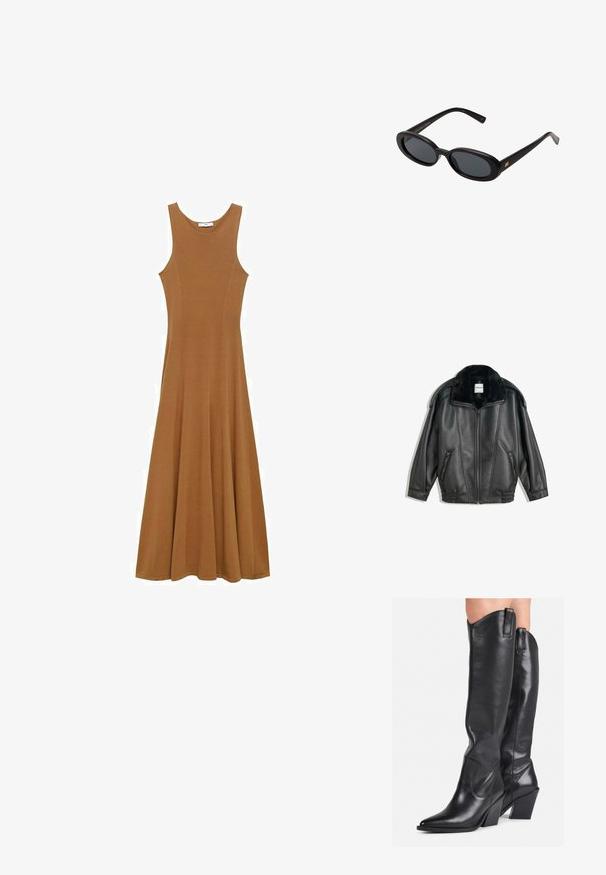 Črna usnjena jakna z umetnim krznom okoli ovratnika, z zadrgo spredaj, dvema stranskima žepoma, rebrastimi manšetami in sproščenim krojem. Gladka tekstura, minimalno oblikovanje.; Rjava brezrokavna maksi obleka iz mehkega blaga, ki ima prilega zgornji del in razširjen krilo. Preprost dizajn brez vidnih vzorcev ali dodatkov.; Črne usnjene škornje do kolen s koničastim nosom, ukrivljenim steblom in debelim petkom. Imajo gladko teksturo in ušesca na vrhu.; Črne oversize sončne očala z ovalnimi lečami, gladkim plastičnim okvirjem in zlatenimi detajli na templjih. Temne leče zagotavljajo zaščito pred soncem.; Črna usnjena torbica z gladko teksturo, zlatim okovjem in elegantno zasnovo. Ima tanek trak in zaklep na vrhu.
