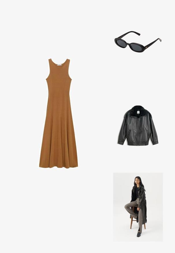 Črna usnjena jakna z umetnim krznom okoli ovratnika, z zadrgo spredaj, dvema stranskima žepoma, rebrastimi manšetami in sproščenim krojem. Gladka tekstura, minimalno oblikovanje.; Rjava brezrokavna maksi obleka iz mehkega blaga, ki ima prilega zgornji del in razširjen krilo. Preprost dizajn brez vidnih vzorcev ali dodatkov.; Črn usnjen trench plašč z gumbi in detajli pasu, v kombinaciji s svetlo rjavimi prilegajočimi hlačami in črnimi loferji, sedeč na lesenem stolu.; Črne oversize sončne očala z ovalnimi lečami, gladkim plastičnim okvirjem in zlatenimi detajli na templjih. Temne leče zagotavljajo zaščito pred soncem.; Črna usnjena torbica z gladko teksturo, zlatim okovjem in elegantno zasnovo. Ima tanek trak in zaklep na vrhu.