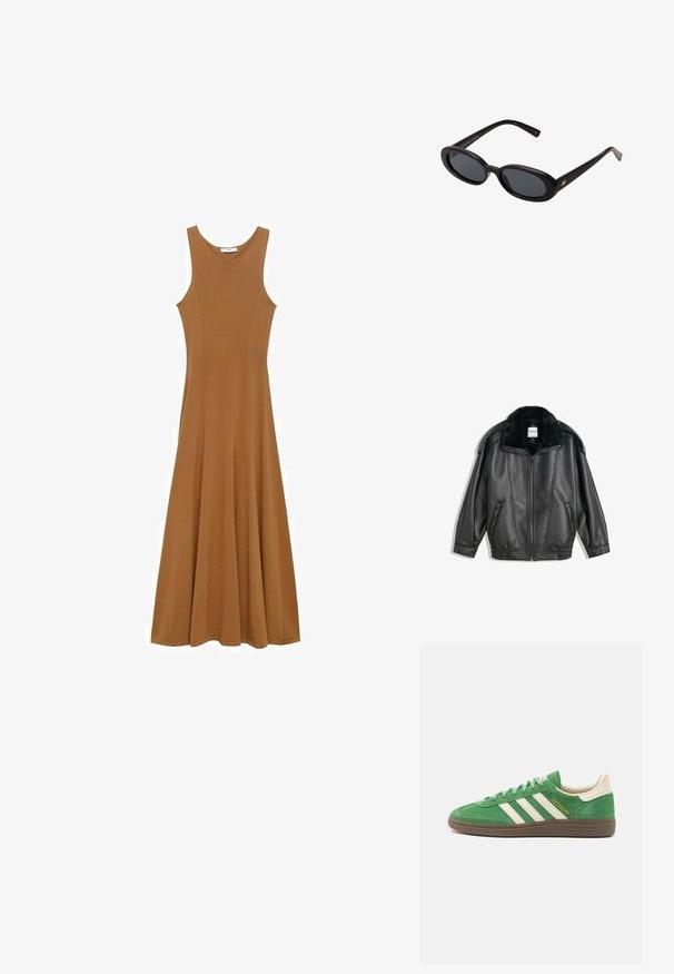 Musta nahkatakki, jossa on tekoturkishaara, vetskari edessä, kaksi sivutaskua, ribbikujat ja rento leikkaus. Sileä pinta, minimaalinen yksityiskohtaisuus.; Ruskea ilman hihoja maxi-mekko, joka on valmistettu pehmeästä kankaasta. Mekossa on tiukka yläosa ja laineileva hameosa. Yksinkertainen muotoilu ilman näkyviä kuvioita tai koristeita.; Vihreä mokkakengät, joissa on valkoinen kolmonauha-muotoilu, kerma-akcentit ja ruskea teksturoitu pohja. "SPEZIAL" kultaisella brodeerauksella sivussa.; Mustat ylisuuruiset aurinkolasit, jotka ovat soikeat linssit, sileä muovikehys ja kultaiset korostukset temppeleissä. Tummat linssit tarjoavat suojaa auringolta.; Ruskea mokkahuulipussi, jossa on jämäkkä kolmion muoto, yläkahva ja läppäkiinnitys. Sivussa on hienovarainen logotulos.