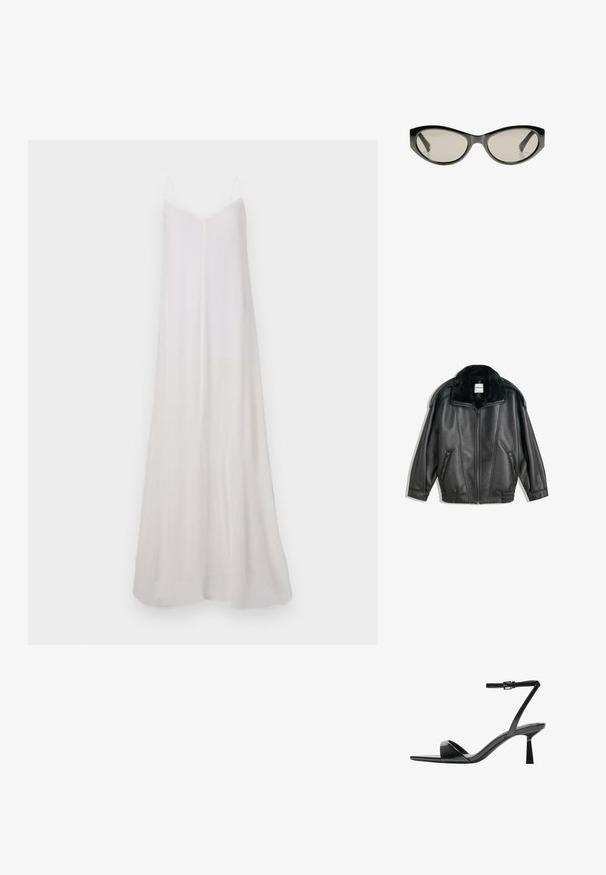Giacca di pelle nera con colletto in pelliccia sintetica, chiusura con zip, due tasche laterali, polsini a costine e vestibilità comoda. Texture liscia, dettagli minimi.; Lungo vestito bianco senza maniche realizzato in tessuto leggero. Presenta un collo a V, una silhouette fluida e una texture a gradiente sottile.; Bershka Sandali con tacco - black; Occhiali da sole neri a forma di occhio di gatto con lenti grigie. La montatura in plastica presenta bordi affilati e una finitura liscia e lucida.