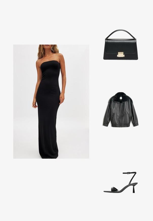 Musta nahkatakki, jossa on tekoturkishaara, vetskari edessä, kaksi sivutaskua, ribbikujat ja rento leikkaus. Sileä pinta, minimaalinen yksityiskohtaisuus.; Nainen, joka on pukeutunut olkaimeton, lattiaan ulottuva musta mekko, seisoo yksinkertaista valkoista taustaa vasten, ja näyttää minimalistiselta muotityyliltä.; Bershka Korolliset sandaalit - black; Musta nahkakäsilaukku, jossa on jämäkkä muotoilu, yläkahva ja kultainen metallisolki edessä. Sujuva pinta, minimaalinen ompelu.