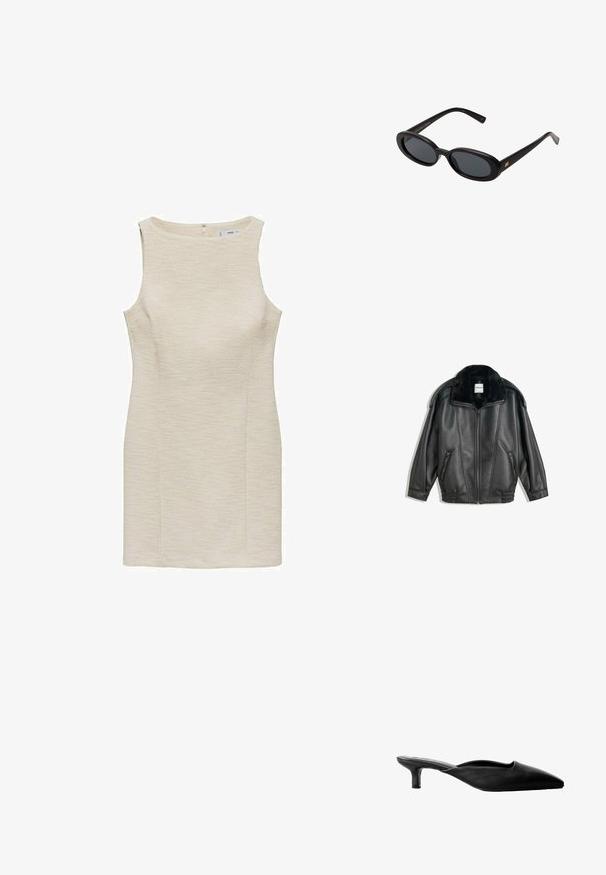 Sort læderjakke med krave af kunstpels, lynlås foran, to sidelommer, ribbede manchetter og en afslappet pasform. Glat tekstur, minimal detaljer.; Kortshelløs kjole i lys cremefarve, tekstureret stof, tætsiddende form og lige snit. Inkluderer en lynlås i ryggen til lukning.; Sorte læder hælede mules med spids tå, åben ryg og en lav blokhæl. Glat tekstur med minimalisk design.; Store store; Sort læderhåndtaske med en glat tekstur, guldhardware og et slankt design. Har en tynd rem og en lukning med spænde øverst.