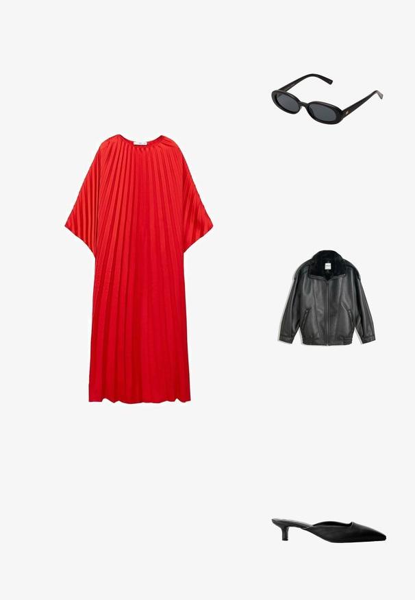 Musta nahkatakki, jossa on tekoturkishaara, vetskari edessä, kaksi sivutaskua, ribbikujat ja rento leikkaus. Sileä pinta, minimaalinen yksityiskohtaisuus.; Punaken punak dengan leher bulat dan lengan lebar. Dibuat dari kain ringan, menampilkan garis-garis vertikal untuk tekstur.; Mustat nahkaiset korkokenkä-mulet, joissa on terävä kärki, avoin takapuoli ja matala lohkokorko. Silkkinen tekstuuri yksinkertaisella muotoilulla.; Mustat ylisuuruiset aurinkolasit, jotka ovat soikeat linssit, sileä muovikehys ja kultaiset korostukset temppeleissä. Tummat linssit tarjoavat suojaa auringolta.; Musta nahkainen käsilaukku, jossa on sileä pinta, kultaiset yksityiskohdat ja hoikka muotoilu. Siinä on ohut hihna ja lukitseva klipsi ylhäällä.