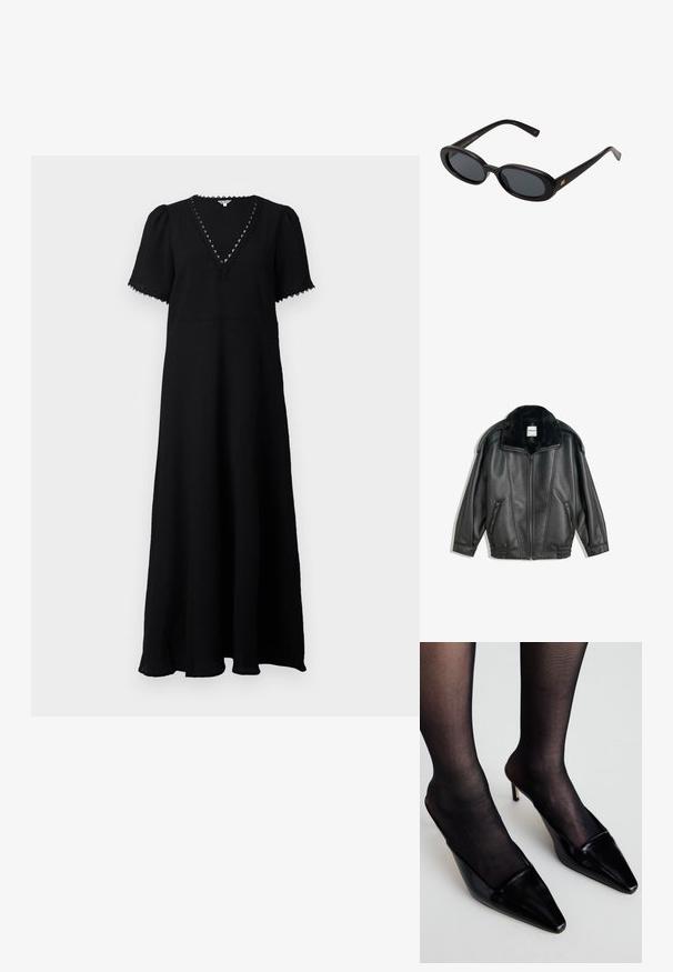 Fekete bőrkabát műszőrme gallérral, cipzárral az elején, két oldalsó zsebbel, bordázott mandzsettával és laza szabással. Simább textúra, minimális részletezéssel.; Fekete maxi ruha V-kivágással és rövid puff ujjakkal. Texturált anyaggal, csipke díszítéssel a kivágás mentén, valamint légies, folyékony formával rendelkezik.; Fekete lakk bőr mules cipők hegyes orral és alacsony vágású dizájnnal. Vékony sarokkal rendelkeznek, és fekete áttetsző harisnyával viselik őket.; Fekete, oversize napszemüveg ovális lencsékkel, sima műanyag kerettel és arany részletekkel a fülpánton. Sötét lencséi védelmet nyújtanak a napfény ellen.