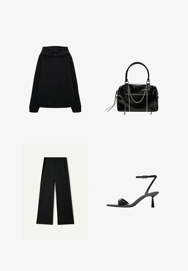 Black leather jacket with a faux fur collar, zip front, two side pockets, ribbed cuffs, and a relaxed fit. Smooth texture, minimal detailing.; Black hooded sweatshirt with a relaxed fit, raglan sleeves, and ribbed cuffs and hem. Smooth texture without patterns or visible hardware.; Bershka WIDE - Trousers - black; Bershka High heeled sandals - black; Bershka WITH CHAIN - Handbag - black