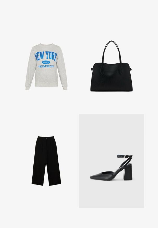 Černá kožená bunda s umělou kožešinou na krku, zipem na přední straně, dvěma bočními kapsami, žebrovanými manžetami a uvolněným střihem. Hladká textura, minimální detaily.; Světle šedá mikina s dlouhými rukávy, na které je modrý nápis "NEW YORK BROOKLYN THE EMPIRE CITY." Měkká tkanina z bavlněného materiálu.; Černé široké kalhoty vyrobené z hladkého materiálu, s vysokým pasem, předními sklady a jedním zapínáním na knoflík.; Černé kožené lodičky se špičatou špičkou, kotníkovým páskem a silným podpatkem. Hladká textura, elegantní design a minimalistická estetika.; Černá kožená kabelka s dvojitými ramenními popruhy, obdélníkový tvar a minimalistický design na bílém pozadí.