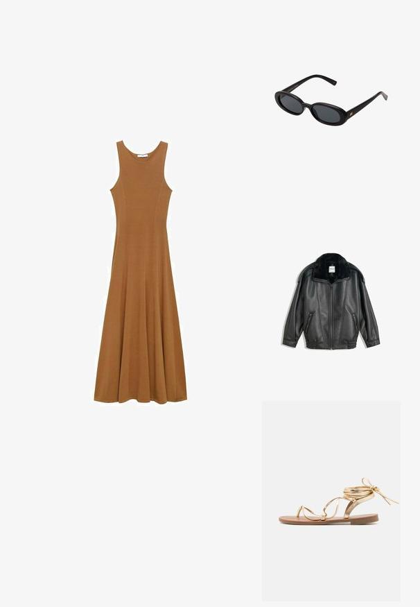 Černá kožená bunda s umělou kožešinou na krku, zipem na přední straně, dvěma bočními kapsami, žebrovanými manžetami a uvolněným střihem. Hladká textura, minimální detaily.; Červený top bez rukávů se záhybovým výstřihem, asymetrickým lemem a detailem zavázání v pase. Vyrobeno z lehké, průsvitné tkaniny.; Hnědá bezrukávová maxi šaty vyrobené z měkké tkaniny, s přiléhavým korzetem a rozšířenou sukní. Jednoduchý design bez viditelných vzorů nebo akcentů.; Zlaté kovové sandály mají štíhlou podrážku, dekorační popruhy a zavazování kolem kotníku. Vnitřní část je hnědá s hladkým povrchem.; Černé oversized sluneční brýle s oválnými čočkami, hladkým plastovým rámem a zlatými akcenty na spáncích. Tmavé čočky poskytují ochranu před sluncem.; Černá kožená kabelka s hladkou texturou, zlatými doplňky a štíhlým designem. Vybavená tenkým popruhem a sponou na vrchu.