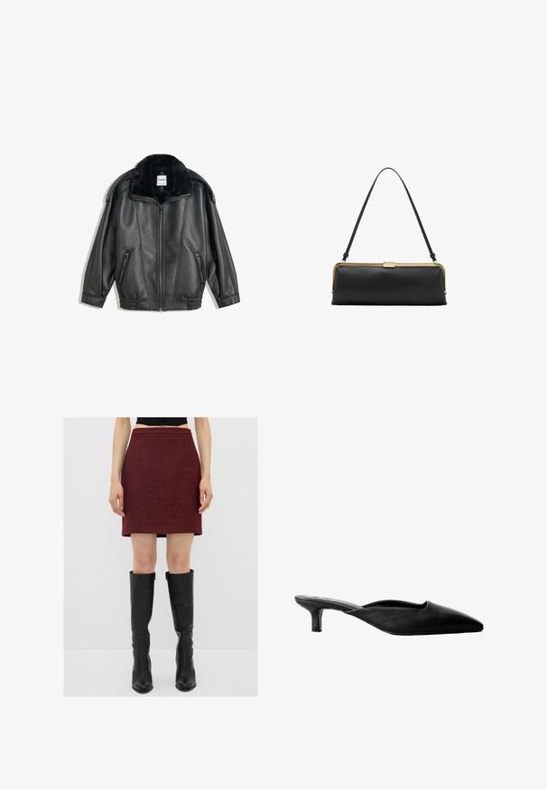 Schwarze Lederjacke mit einem Kunstfellkragen, Reißverschluss vorne, zwei seitlichen Taschen, gerippten Bündchen und einer lockeren Passform. Glatte Textur, minimale Details.; Schwarzes Top mit dünnen verstellbaren Trägern, Spitzenbordüre entlang des Ausschnitts und einer glatten Satin-Oberfläche. Einfaches und elegantes Design.; adL Minirock - claret red; Schwarze Leder-High-Heels mit spitzer Zehenform, offenem Rückenteil und niedrigem Blockabsatz. Glatte Oberfläche mit minimalistischem Design.; Schwarze Lederhandtasche mit glatter Oberfläche, goldenen Beschlägen und schlankem Design. Verfügt über einen dünnen Tragegurt und einenverschluss oben.