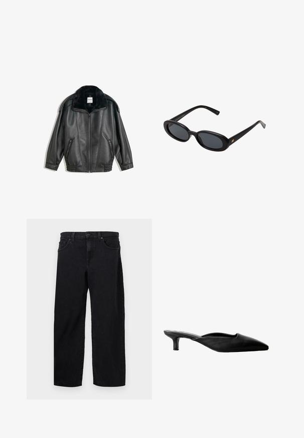 Czarna skórzana kurtka z kołnierzem z sztucznego futra, zapinana na zamek z przodu, z dwoma bocznymi kieszeniami, ściągaczami przy mankietach i luźnym krojem. Gładka tekstura, minimalne detale.; Czarny top na ramiączkach z cienkimi, regulowanymi paskami, koronkowym wykończeniem przy dekolcie i gładką satynową fakturą. Prosty i elegancki design.; Czarne dżinsy o prostym kroju, z zapięciem na guzik, pięcioma kieszeniami i subtelnymi detalami w szyciu. Gładka faktura.; Czarne skórzane klapki na obcasie z wysmuklonym noskiem, otwartym tyłem i niskim blokowym obcasem. Gładka tekstura o minimalistycznym designie.; Czarne, oversize okulary przeciwsłoneczne z owalnymi soczewkami, gładkim plastikowym mostkiem i złotymi akcentami na zausznikach. Ciemne soczewki zapewniają ochronę przed słońcem.; Czarna skórzana torba o gładkiej fakturze, złotych detalach i smukłym fasonie. Posiada cienki pasek oraz zapięcie na zatrzask u góry.