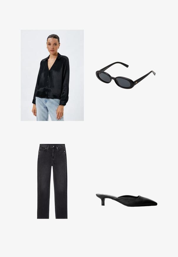 Black leather jacket with a faux fur collar, zip front, two side pockets, ribbed cuffs, and a relaxed fit. Smooth texture, minimal detailing.; Black satin button-up shirt with a V-neck, long sleeves, and a smooth texture. Tailored fit with a subtle sheen and classic collar design.; Black denim jeans with a straight leg fit, five-pocket design, button and zipper closure, and branded tag on the back pocket.; Black leather heeled mules with a pointed toe, open back, and a low block heel. Smooth texture with minimalistic design.; Black oversized sunglasses with oval lenses, smooth plastic frame, and gold accents on temple. Dark lenses provide sun protection.; Black leather handbag with a smooth texture, gold hardware, and a slim design. Features a thin strap and a clasp closure at the top.