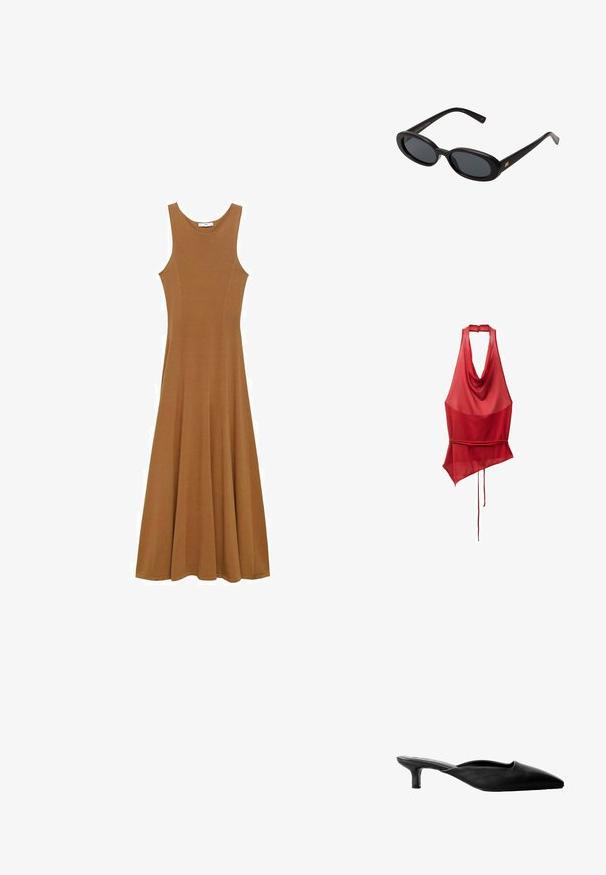 Sort læderjakke med krave af kunstpels, lynlås foran, to sidelommer, ribbede manchetter og en afslappet pasform. Glat tekstur, minimal detaljer.; Rød ærmeløs top med draperet udskæring, asymmetrisk kant og bindebånd i taljen. Fremstillet af et let, gennemsigtigt stof.; Brun ærmeløs maxikjole lavet af blødt stof, med en tætsiddende overdel og en flagrende nederdel. Enkel design uden synlige mønstre eller detaljer.; Sorte læder hælede mules med spids tå, åben ryg og en lav blokhæl. Glat tekstur med minimalisk design.; Store store; Sort læderhåndtaske med en glat tekstur, guldhardware og et slankt design. Har en tynd rem og en lukning med spænde øverst.