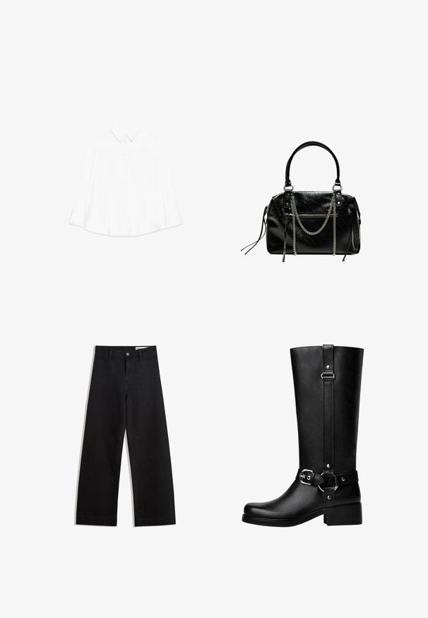 Zwarte leren jas met een nep-bont kraag, ritssluiting aan de voorkant, twee zijzakken, geribbelde manchetten en een ruime pasvorm. Vloeiende textuur, minimale details.; Witte longsleeve shirt met een puntige kraag, knoopsluiting aan de voorkant en een oversized, relaxte pasvorm. Textuurstof met een minimaal ontwerp.; Zwarte denim broek met wijde pijpen en een hoge taille, voorzien van voor- en achterzakken, gestikte naden en een knoopsluiting. Gladde textuur.; Hoge zwarte neplederen laarzen met een ronde neus, accentriem met gespsleutel en een brede hak. Glad textuur en verticale naad op de schacht.; Bershka WITH CHAIN - Handtas - black