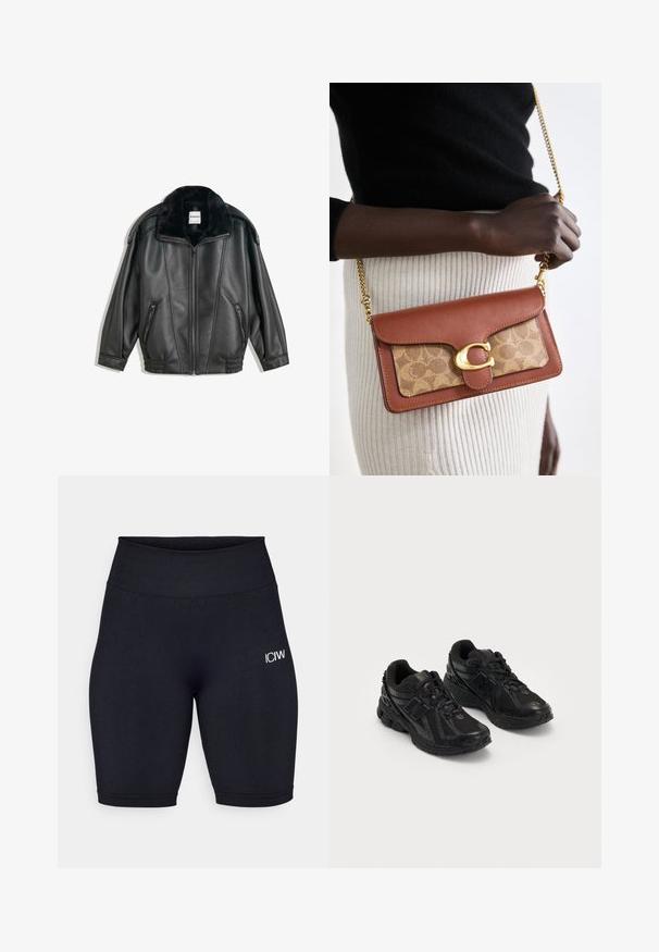 Jachetă din piele ecologică neagră cu guler din blană sintetică, fermoar frontal, două buzunare laterale, manșete striate și o croială lejeră. Textură netedă, detalii minime.; Tricou alb din bumbac, cu mânecă scurtă și guler rotund. Design simplu, croială lejeră, textură fină. Nu sunt vizibile modele sau accente.; Cicliste negre din țesătură elastică, cu talie înaltă. Prezintă un mic logo alb pe coapsa stângă și o textură netedă.; Pantofi sport negri fabricati din plasă și materiale sintetice. Au un toc căptușit, modele texturate și un logo embosat pe lateral.; Geantă crossbody din piele maro și monogramă bej, cu un închizător în formă de C de culoare aurie și curea din lanț, având o textură netedă și o formă structurată.