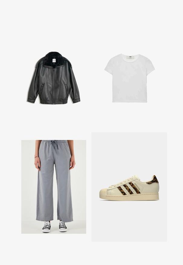 Čierna kožená bunda s umelým kožúškom na golieri, predným zipsom, dvoma bočnými vreckami, rebrovanými manžetami a voľným strihom. Hladký povrch, minimálne detaily.; Biele tričko s krátkym rukávom a okrúhlym výstrihom, vyrobené z mäkkého bavlneného materiálu, s jednoduchým a čistým dizajnom bez viditeľných vzorov alebo doplnkov.; Svetlošedé nohavice s širokými nohavicami, s pásom na šnúrku a rozstrapkaným lemom, vyrobené z ľahkej látky. V kombinácii s čierno-bielymi teniskami.; Svetlo krémové tenisky Adidas Superstar s pruhmi a pätkou s leopardím vzorom, béžovo gumovou špičkou a textom "SUPERSTAR" na strane.