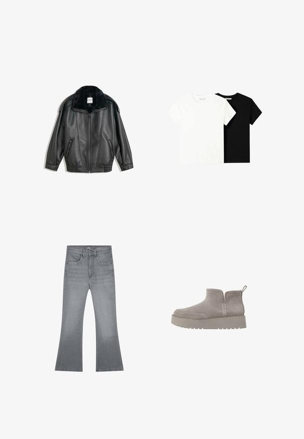Musta nahkatakki, jossa on tekoturkishaara, vetskari edessä, kaksi sivutaskua, ribbikujat ja rento leikkaus. Sileä pinta, minimaalinen yksityiskohtaisuus.; Kaksi lyhythihaista t-paitaa, yksi valkoinen ja yksi musta, valmistettu puuvillasta. Molemmissa on pyöreä kaula-aukko ja yksinkertainen, klassinen muotoilu.; Harmaat levenom jeans, joissa on klassinen viisi-taskuinen muotoilu, napitus ja sileä pinta.; Harmaa mokkasiinibootsi matalalla profiililla, elastisilla sivupaneeleilla ja tekstuurilla varustetulla kumipohjalla. Varustettu vetonauhalla helppoa pukemista varten.