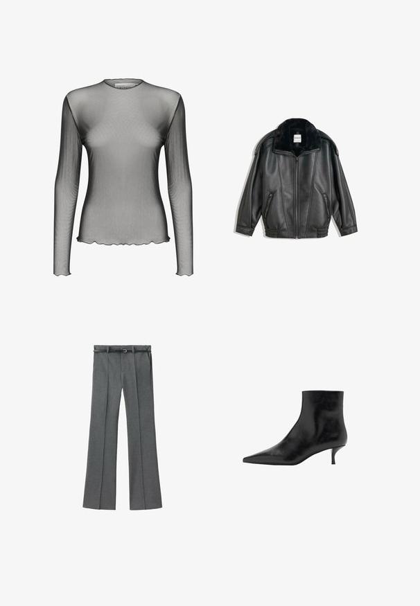 Black leather jacket with a faux fur collar, zip front, two side pockets, ribbed cuffs, and a relaxed fit. Smooth texture, minimal detailing.; Mesh long-sleeve top in sheer black fabric with a round neckline and scalloped edges; features a smooth texture and lightweight design.; Gray tailored trousers with a straight leg design, lightweight fabric, belt loops, and a narrow belt featuring a silver buckle.; Black leather ankle boot with a pointed toe, slim kitten heel, and smooth texture. Simple design, no decorative accents.