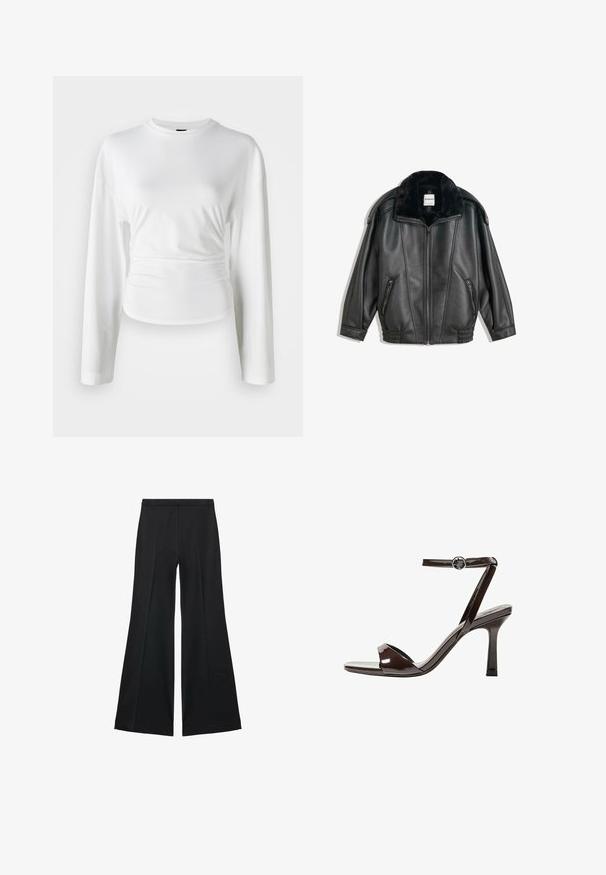 Jachetă din piele ecologică neagră cu guler din blană sintetică, fermoar frontal, două buzunare laterale, manșete striate și o croială lejeră. Textură netedă, detalii minime.; Cămașă albă cu mâneci lungi, confecționată dintr-un material moale. Prezintă un design ajustat, cu detalii strânse la talie și un guler rotund.; Pantaloni negri cu croială largă, având o textură netedă, cu pliseuri frontale și un design croit. Materialul este ușor și fluid.; Sandale cu toc înalt din piele lacuită maro, cu bretele la gleznă, vârf deschis și un design elegant, minimalist. Dispune de un toc pătrat.