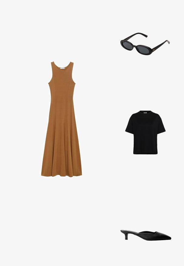 Jachetă din piele ecologică neagră cu guler din blană sintetică, fermoar frontal, două buzunare laterale, manșete striate și o croială lejeră. Textură netedă, detalii minime.; Tricou scurt, negru, din bumbac, cu guler rotund, croi lejer și slituri laterale la tiv pentru un plus de mobilitate.; Rochie maxi fără mâneci, de culoare maro, confecționată dintr-un material moale, având un bust ajustat și fustă evazată. Design simplu, fără modele sau accente vizibile.; Mule-uri negre din piele cu toc, cu vârf ascuțit, spate deschis și toc mic bloc. Textură netedă, cu un design minimalist.; Ochelari de soare supradimensionați, cu lentile ovale, cadru din plastic neted și accente aurii pe brațe. Lentilele întunecate oferă protecție solară.; Geantă de mână din piele neagră, cu o textură netedă, accesorii din aur și un design subțire. Dispune de o curea subțire și un sistem de închidere cu claspă în partea de sus.