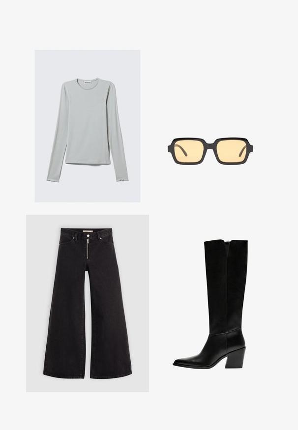 Čierna kožená bunda s umelým kožúškom na golieri, predným zipsom, dvoma bočnými vreckami, rebrovanými manžetami a voľným strihom. Hladký povrch, minimálne detaily.; Svetlo šedé tričko s dlhým rukávom vyrobené z mäkkej tkaniny. Okrúhly výstrih a rovný lem s jemne zakrivenými manžetami na rukávoch.; Dlhé nohavice vo voľnom strihu z čierneho denimu so zipsom vpredu, päť vrecúškovým dizajnom a jemnými stehovými detailmi. Hladká textúra a neformálny štýl.; Čierne vysoké čižmy vyrobené z hladkej kože, s ostrou špičkou, blokovým podpätkom a V-čkovým výrezom na vrchu.; Čierne obdĺžnikové slnečné okuliare so žltými sklami, ľahký rám a charakteristické tupé okraje na stranách. Hladký, lesklý povrch.