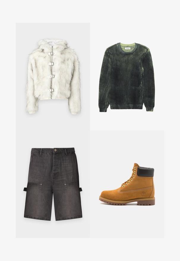 Biela bunda z umelého kožušiny s kapucňou, strieborné kovanie a štyri zapínacie gombíky vpredu. Mäkká textúra a skrátený strih.; Tmavozelený rebrovaný pletený sveter s mäkkou textúrou, okrúhlym výstrihom a dlhými rukávmi. Obsahuje svetlozelené akcenty na výstrihu a okrajoch.; Sivé deninové šortky s uvoľneným strihom, ktoré majú dve predné vrecká a bočné cargo vrecká so zacvakávacími uzávermi.; Tyrkysové semišové členkové topánky s čiernym polstrovaným golierom, zlatými kovovými očkami, bielym prešívaním a robustnou gumovou podrážkou s výraznými drážkami.