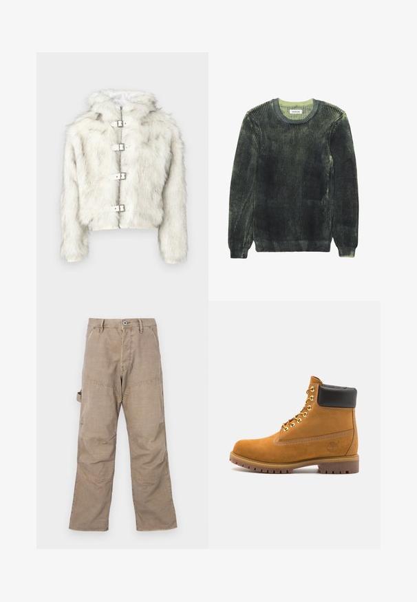 Fehér műszőrme kabát kapucnival, ezüst színű kiegészítőkkel és négy patenttal a kabát elején. Puha tapintású és rövidített fazonú.; Sötétzöld bordázott kötött pulóver, puha tapintással, kerek nyakkivágással és hosszú ujjakkal. Világoszöld díszítések találhatók a nyakrészén és az élein.; Barna cargo nadrág, látható varrással, széles lábakkal és négy zsebbel. Tartós anyagból készült, amelynek enyhe textúrája van, és gombos záródással rendelkezik.; Barna velúr bokacipő fekete párnázott gallérral, arany fém fűzőlyukakkal, fehér varrási részletekkel és durva gumitalppal, amelynek kifejezett barázdái vannak.