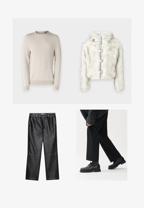 Balta dirbtinio kailio striukė su kapišonu, sidabrinėmis detalėmis ir keturiais sagtais priekyje. Švelnios tekstūros ir trumpintas dizainas.; Bežinis mezginys megztinis su tekstūruotu raštu, apvalia iškirpte ir gipiūro rankogaliais bei apačia. Pagamintas iš minkštos, kvėpuojančios medžiagos.; Juodos dirbtinės odos kelnės, plačios klešnės, su siuvimo detalėmis ir priekinėmis kišenėmis, turinčios lygią, šiek tiek blizgią struktūrą.; Juodos odinės kojinės su apvalia nosimi, raištelių dizainu ir storu, tekstūriniu padu. Dėvimos su pritaikytomis juodomis kelnėmis ir liniuotėmis megztiniu.