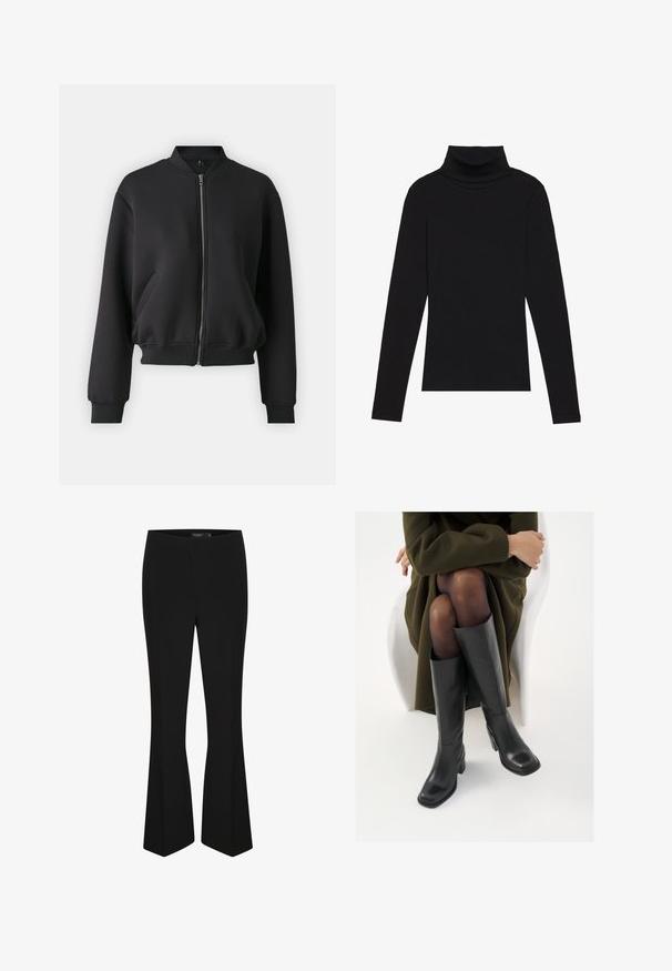 Zwarte bomberjack van zacht materiaal, met een ritssluiting aan de voorkant, geribbelde manchetten en zijzakken, met een losse pasvorm.; Zwarte turtleneck met lange mouwen, gemaakt van ribbelstof, heeft een aansluitend ontwerp met een hoge hals en geen patronen of accenten.; Zwarte flared broeken van zacht stof, met een aansluitende taille en een strakke vormgeving zonder zichtbare sluitingen of versieringen.; Knieschijf hoge zwarte leren laarzen met een vierkante neus en blokhak, getoond met een model dat zit in een olijfgroene jas. Gladde textuur, minimale details.