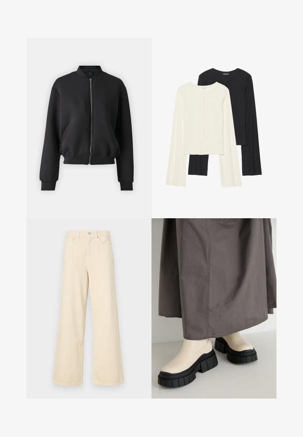 Melna bumbieru ādas jaka, kas izgatavota no mīksta auduma, ar priekšējo rāvējslēdzēju, ribotām aprocēm un sānu kabatām ar brīvu piegriezumu.; Divu garo piedurkņu tops komplekts baltā un melnā krāsā. Ribota tekstūra, apaļš kakls, pieguļoša dizaina ar nedaudz izplestām piedurknēm.; Bežīgas platpēdas džinses, izgatavotas no kokvilnas. Iekļauj pogu aizdari, jostas cilpas un priekšējos kabatas ar gludu, mīkstu tekstūru.; Gaišbeige potītes ar masīvu melnu platformu, gludu ādas augšdaļu un noapaļotu purngali. Pelēka svārka daļēji tos sedz.