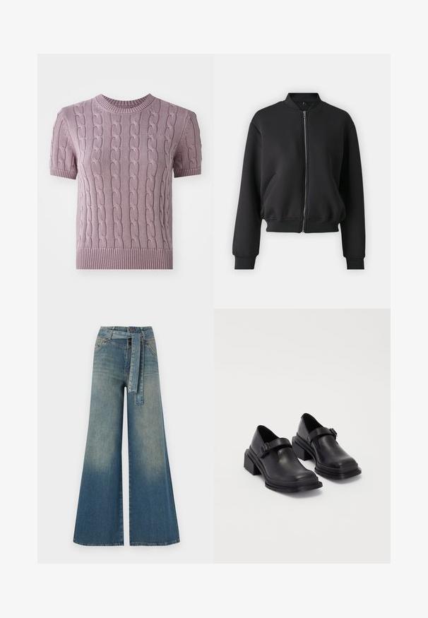 Giubbotto bomber nero realizzato in tessuto morbido, con zip frontale, polsini a costine e tasche laterali, dal taglio rilassato.; Maglione a maniche corte, lavorato a maglia a trecce in viola chiaro. Presenta un collo e un orlo a coste, con un motivo testurizzato su tutta la parte centrale.; Pantaloni in denim a gamba larga con una sfumatura che va dal blu chiaro al blu scuro, vita alta, passanti per cintura e una cintura in tessuto coordinato. Finitura in denim strutturato.; Scarpe in pelle nera con punta arrotondata, suola piatta e una cintura con dettaglio fibbia. Tacco a blocco spesso per una maggiore stabilità.