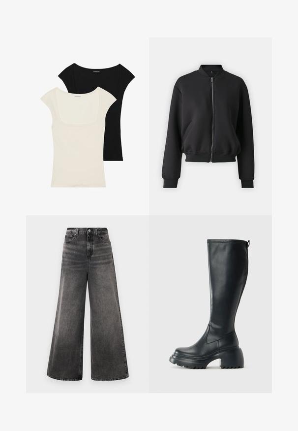 Zwarte bomberjack van zacht materiaal, met een ritssluiting aan de voorkant, geribbelde manchetten en zijzakken, met een losse pasvorm.; Twee getailleerde tops met korte mouwen: één zwart en één gebroken wit. Beide hebben een vierkante halslijn en ribbelstructuur, met een gladde afwerking.; Zwarte denim jeans met wijde pijpen en een vervaagde wassing, vijf-pocket ontwerp en een knoopsluiting bij de taille, met gestikte accenten.; Hoge zwarte leren laars met een chunky plateauzool en blokhak, voorzien van een trekband en een gestructureerd profiel op de buitenzool.